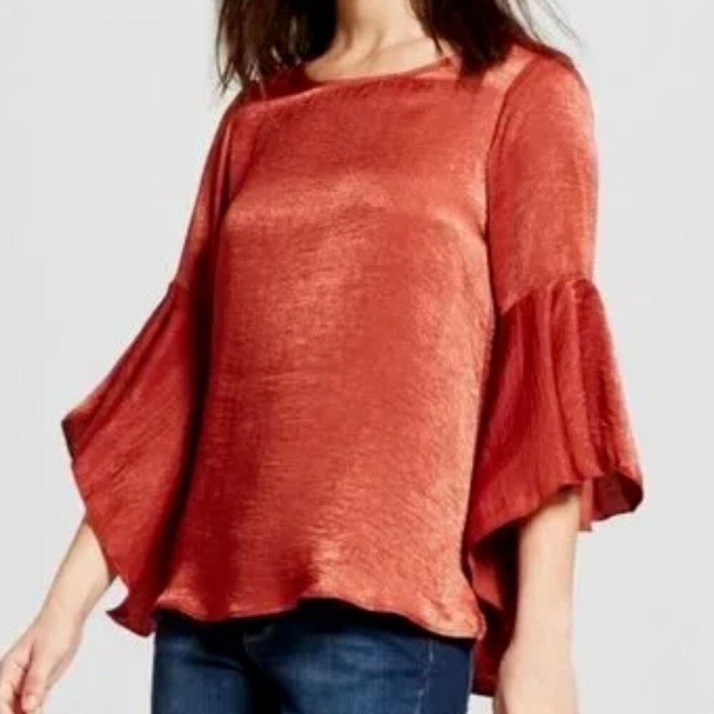Excellent Condition, SZ L, Hammered Satin Flounce Sleeves Top, Persimmon Rust